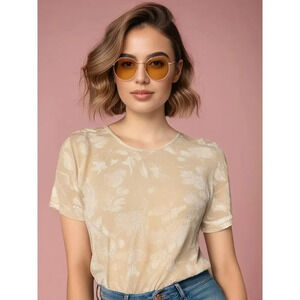 NWT Vintage Claudia Richard Women's XL Beige‎ Floral Short Sleeve Blouse